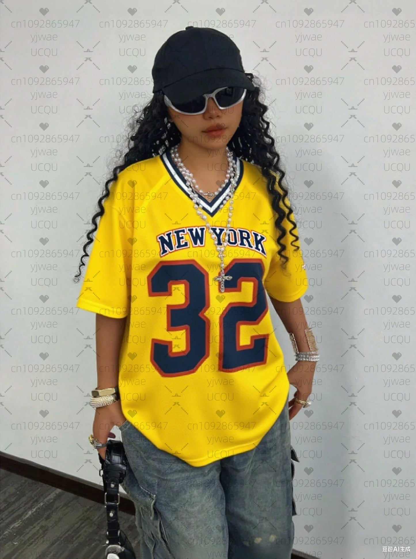 2025 Women Baseball Jerseys NEW YORK 32 Print V-Neck Short Sleeve T-Shirt Summer Tee Stripe Oversized Sport T-Shirt Badiee Stylez