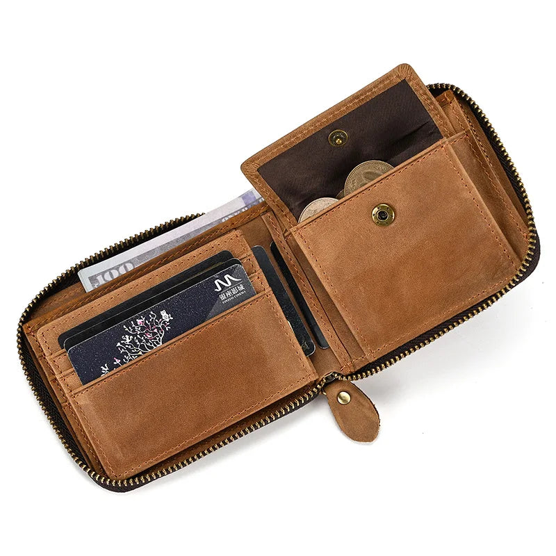 2023 New Short Wallet Men Women Vintage Fashion Card Holder Zipper Coin Purse Crazy Horse Leather Mens Slim Zipper Purse Wallet