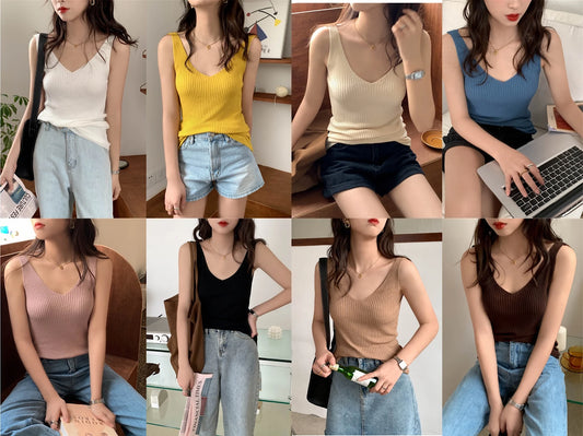 Solid Color Basic Women's Vest Tank Top Solid Color Knitted Tees Top Cropped Top Camisole Sweater V-neck Summer Sleeveless