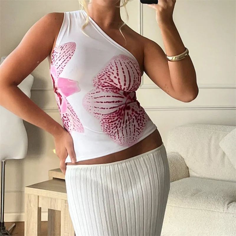 Xingqing One Shoulder Tank Top for Women Floral Print Sleeveless Backless Vest Cropped T Shirt y2k Aesthetic Clothing Streetwear