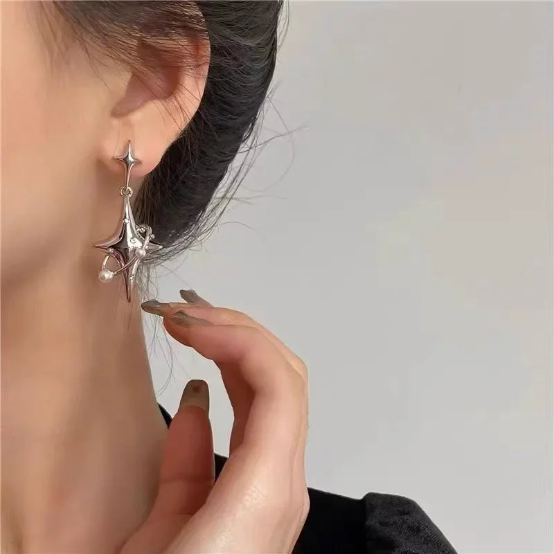 Korean Star Drop Earrings Hot Girl Fashion Planet Imitation Pearl Crystal Stars Unusual Earring for Women Punk Y2K Jewelry Party