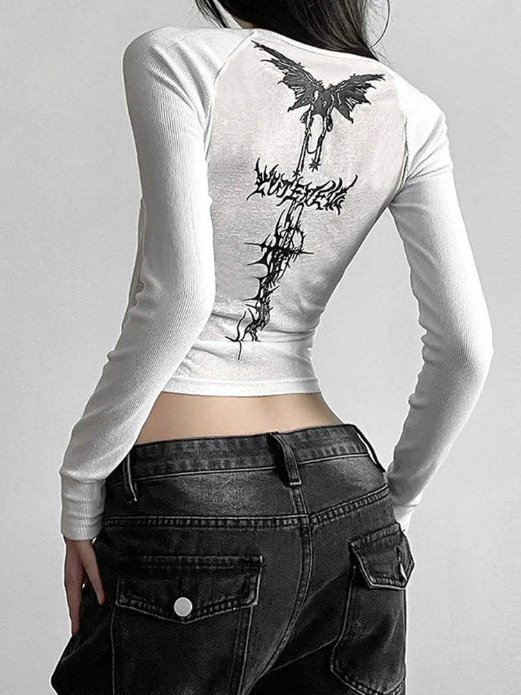 Y2K T Shirts Vintage Women O-neck Tee Long Sleeve Grunge Print Casual Crop Tops Female Graphic Korean Fashion Crop Tops EMO
