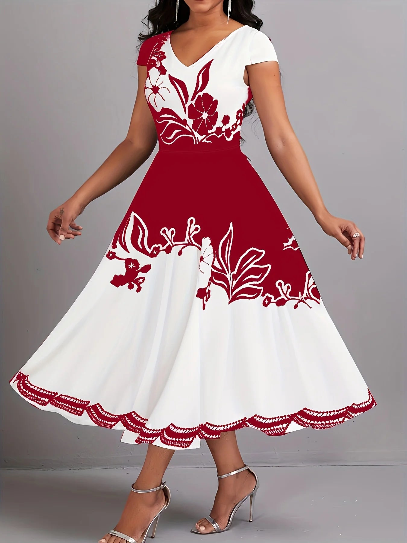 Plus Size Peplum Floral Print Dress - Elegant V-Neck, Short Sleeves, Scalloped Hem, Medium Stretch, Zipper Closure, Machine Wash Burgundy