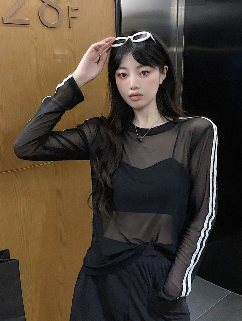 Y2K Sheer Sun-Proof Shirts Women Striped Long Sleeve T Shirts Streetwear See Through Mesh Blouses Korean Sun Protection Tops New