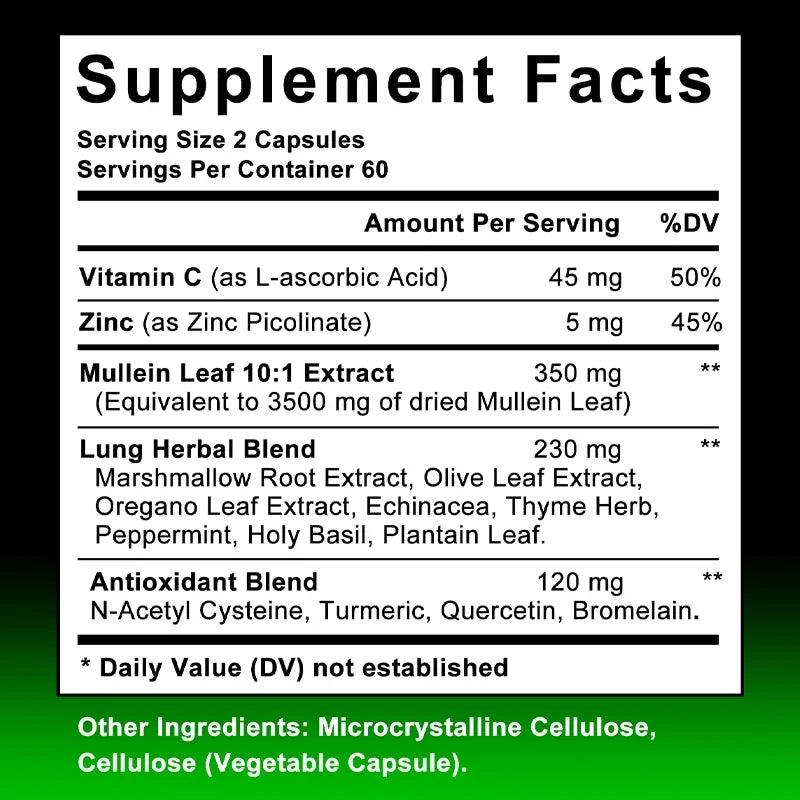 Mullein Leaf Extract Supplement Vitamin C Mineral Lung Cleansing Immune System Support 120 Capsules Health Supplement