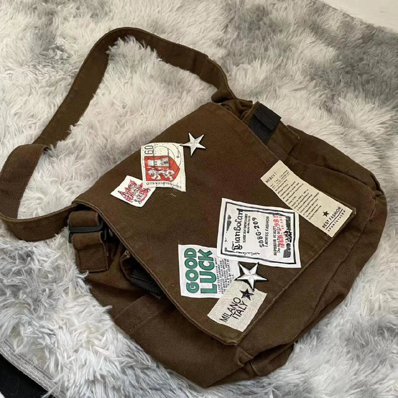 Y2k Vintage Canvas Messenger Bag Casual Preppy Crossbody Punk Patchwork Star Patch Shoulder American Fashion Retro Women Handbag