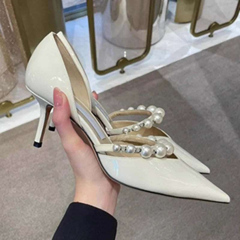 Spring/Summer New Pointed High Heels Hollow Fashion Banquet Pearl Hollow V-Mouth Women's Thin Heels Shallow Mouth Sandals white7.5cm
