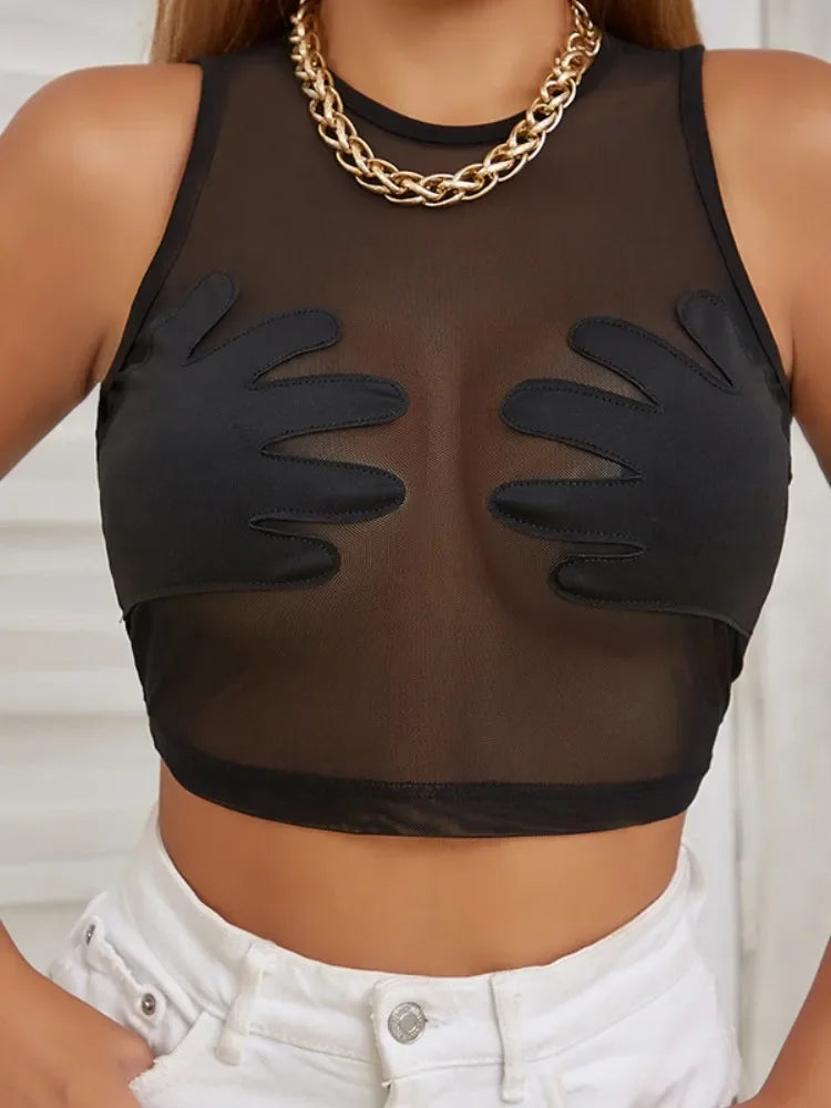 Fashion Round Neck Sleeveless Y2k Top Sexy Net Yarn Slightly Sheer Women Clothing High Stretch Embroidery Streetwear Crop Top