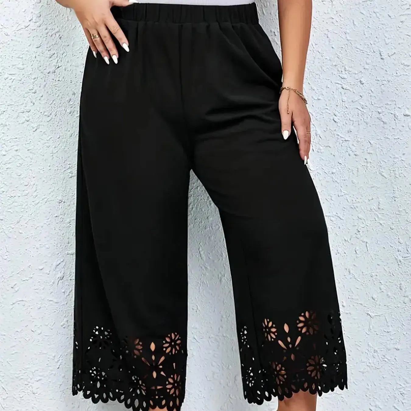 Women's 2024 summer new plus size knitted fabric elegant temperament hollow wide leg pants