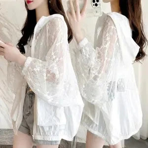 Fashion Lace Hollow Sun-Protective Clothes Women Hooded Coat New Summer Long Sleeve Cardigan Jacket Female Loose Outerwear G2498 White
