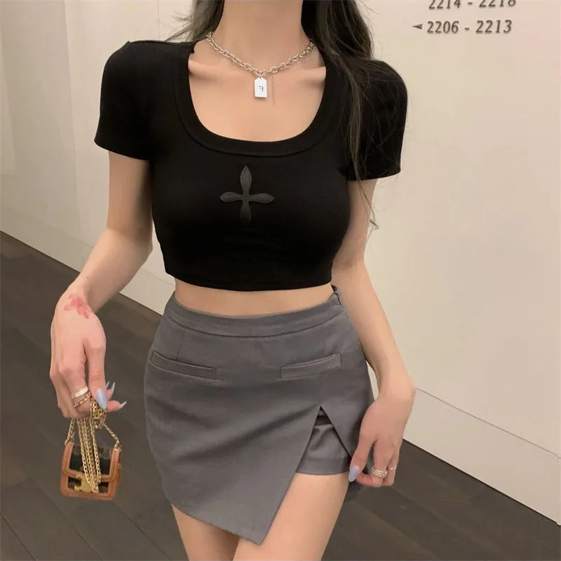 2025 Summer tshirt Women Black Cross Print Short T-Shirt Sexy U Neck Crop Top Short Sleeve Tops Tee Female Shirts black