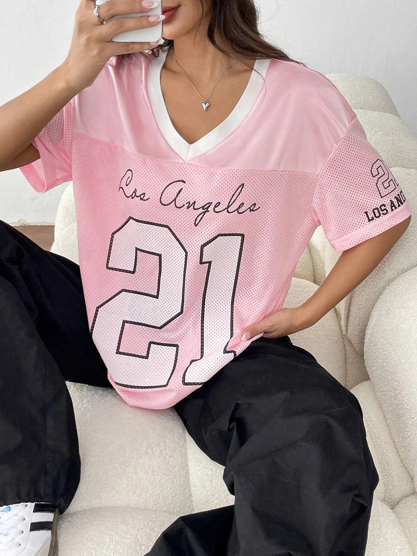 Pink V-neck Fashionable Casual Short Sleeved T-shirt Women Summer Quick Drying Breathable Sportswear Oversized Top Clothing SYF011101