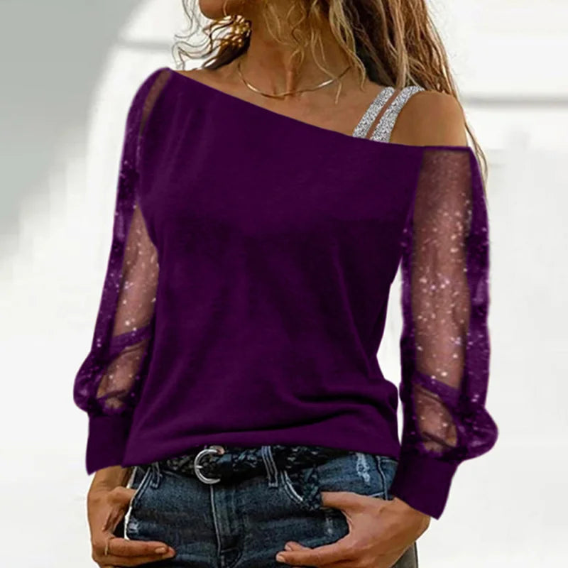 Fashion Slash Neck T Shirt Women Perspective Shiny Long Sleeves Tees Silver Strap Off Shoulder Pullover Streetwear Tops