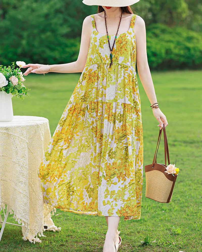 New Fashion Casual 2025 Summer Elegant Dresses For Women O-Neck Print Vintage Sleeveless Dress Loose Women Clothing color 7