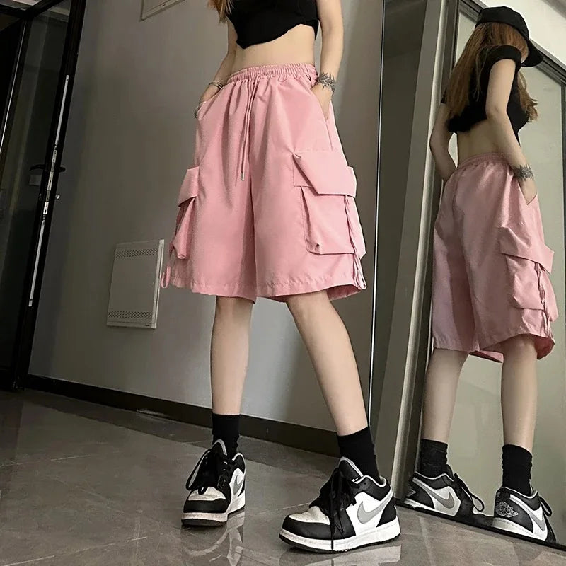 ZOKI Women High Waist Cargo Shorts American Style Streetwear Summer Wide Leg Pants Fashion Female Big Pocket Loose Shorts New Pink