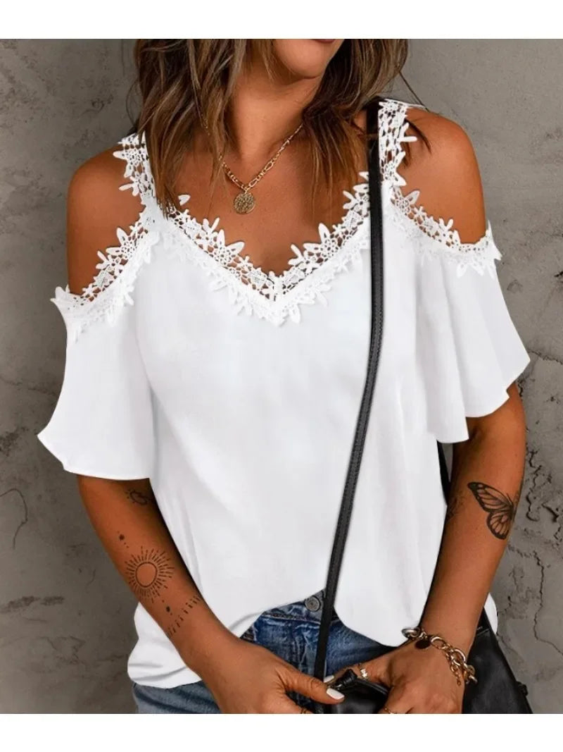 Women's Summer Solid Color Lace Short Sleeve Casual T-shirt Fashion V-neck Short Sleeve Off The Shoulder Sling T-shirt