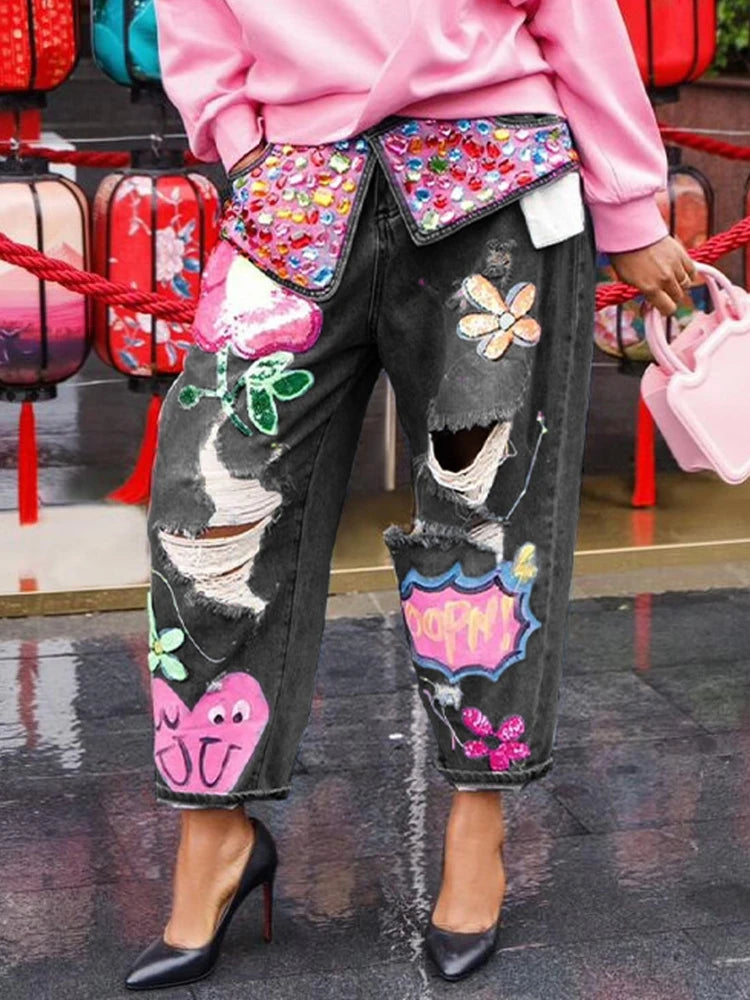 Chic Women Spring Floral Embroidery Diamonds Beaded Holes Denim Pants High Waist Loose Rhinestones Jeans Cowboy Broken Trousers black CHINA