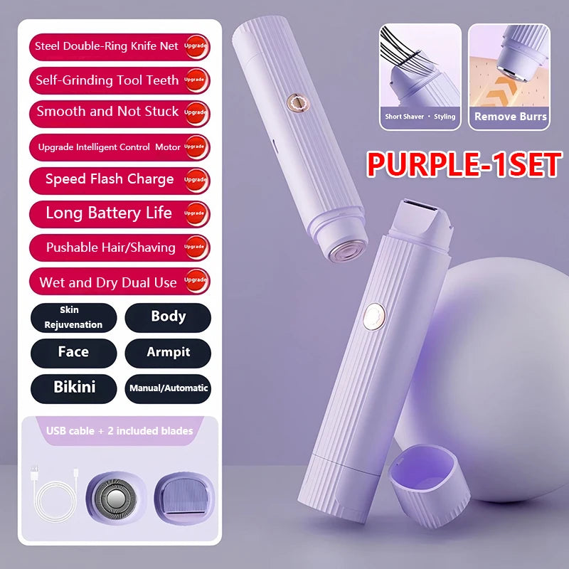2025 New 2in1 Electric Razor for Women Painless Hair Removal Rechargeable Body Trimmer Underarm Mustache Epilator Shaver PURPLE-1SET