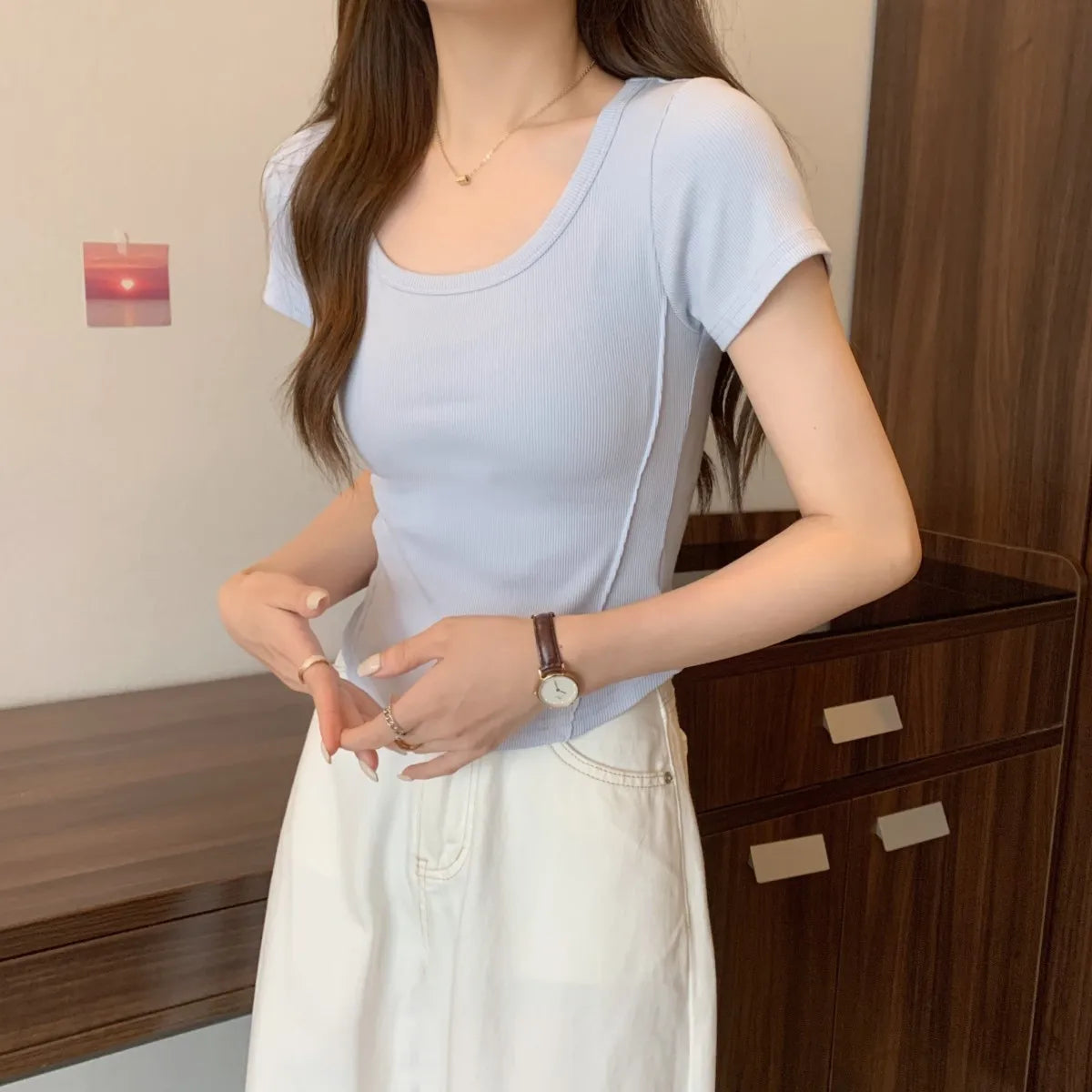 Y2K T-shirt Women V-neck Irregular Short Sleeve Crop Top New Korean Fashion Slim High Waist Solid Tee Shirt Woman Sexy Clothes