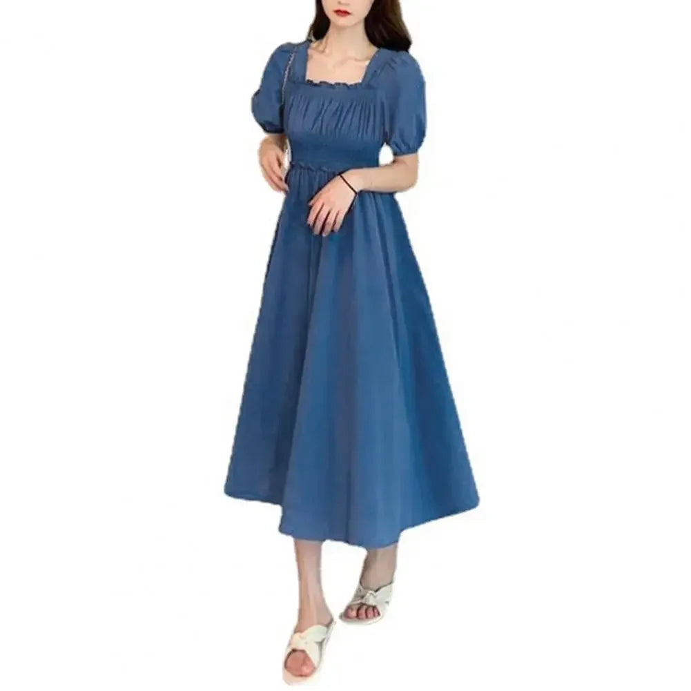 Summer Women Dress Pleated Shirring Square Neck Short Sleeve Bubble Sleeve Ladies Dress Solid Color Loose Hem Midi Dress Blue