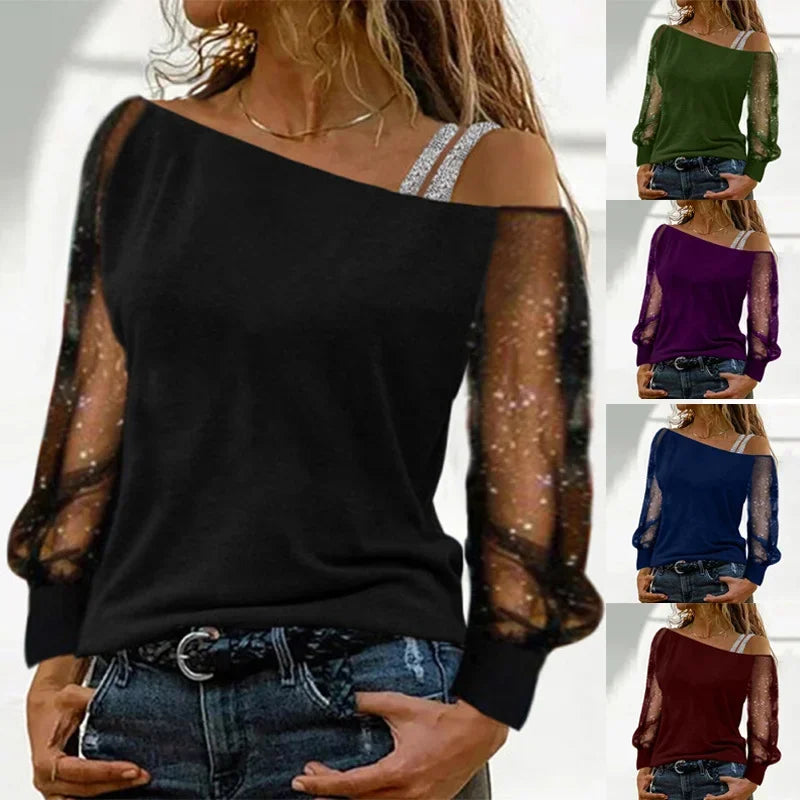 Fashion Slash Neck T Shirt Women Perspective Shiny Long Sleeves Tees Silver Strap Off Shoulder Pullover Streetwear Tops