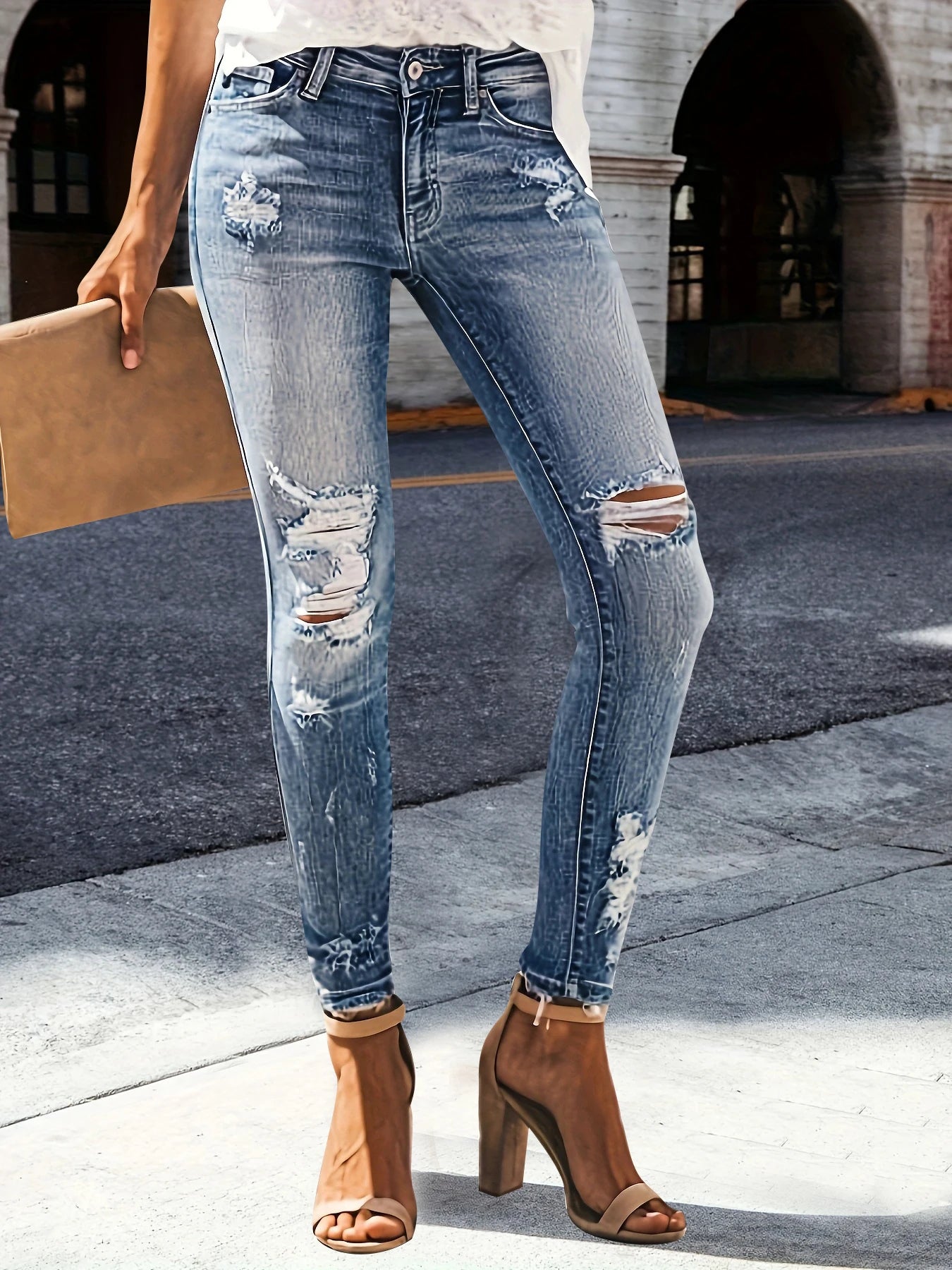 Women's jeans zhendian Collection high waist hip stretch slim fit all-matching nine-point jeans BLUE