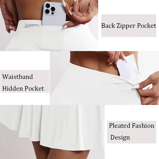 S-XL New Best-Selling Pleated Polyester Spandex High Waisted Pocket Skirt With Anti Glare A-Line Sports Tennis Skirt
