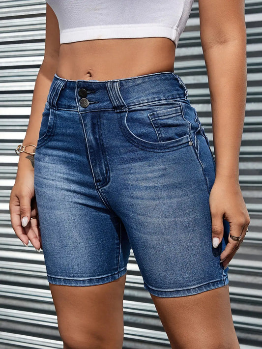 Women's jeans high waist slim fit all-match double button Denim shorts