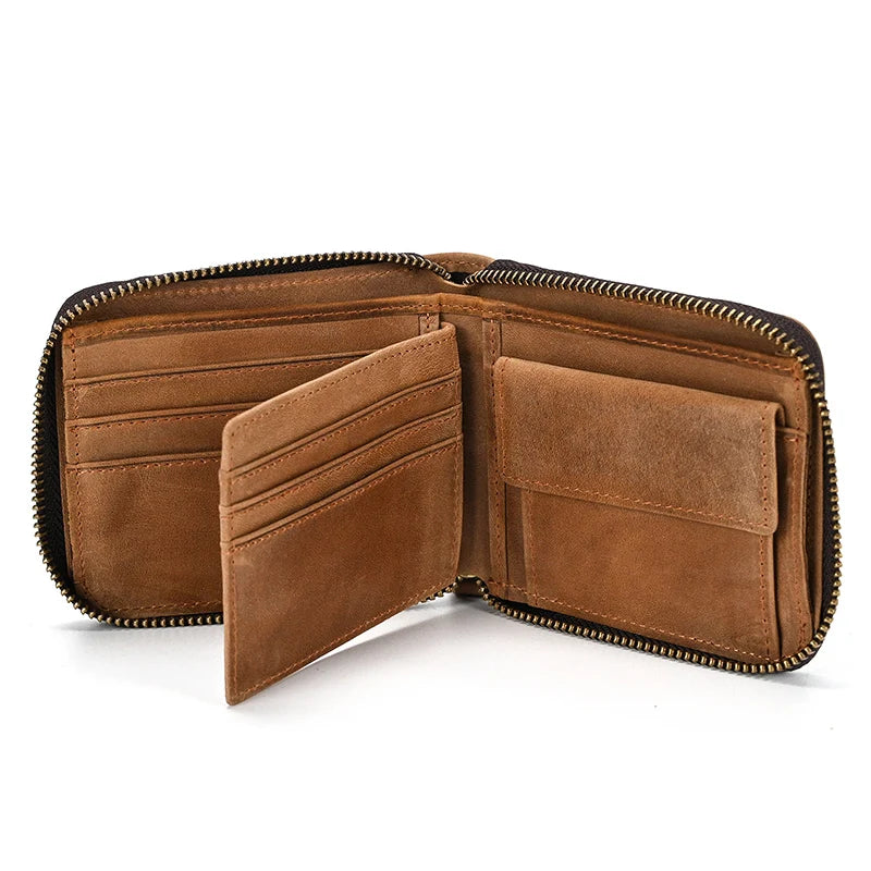 2023 New Short Wallet Men Women Vintage Fashion Card Holder Zipper Coin Purse Crazy Horse Leather Mens Slim Zipper Purse Wallet