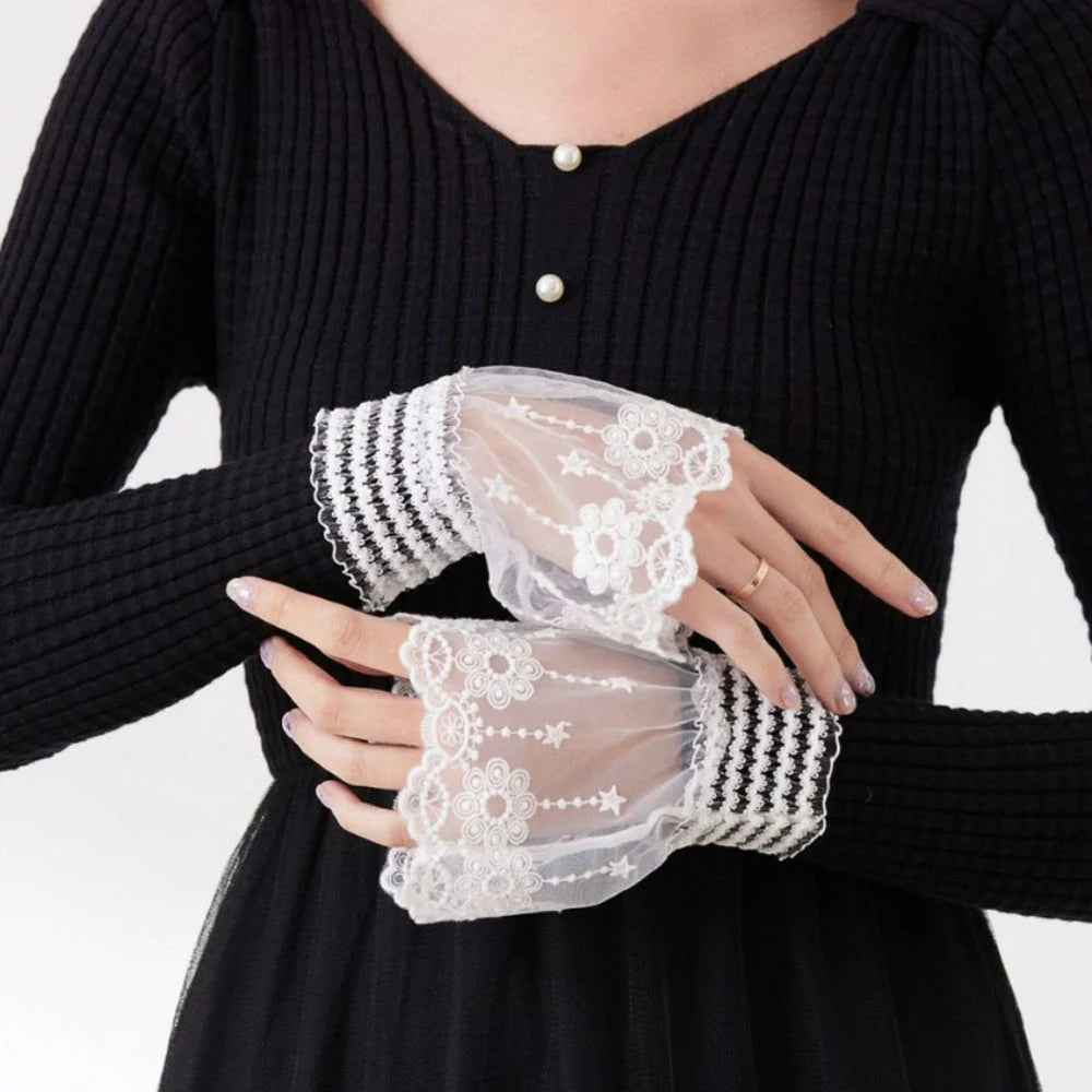 1Pair Detachable Cuffs Lace Flower Mesh Fake Flared Sleeves Double Layer Pleated Ruched False Cuffs Sweater Blouse Wrist Warmers Badiee Stylez