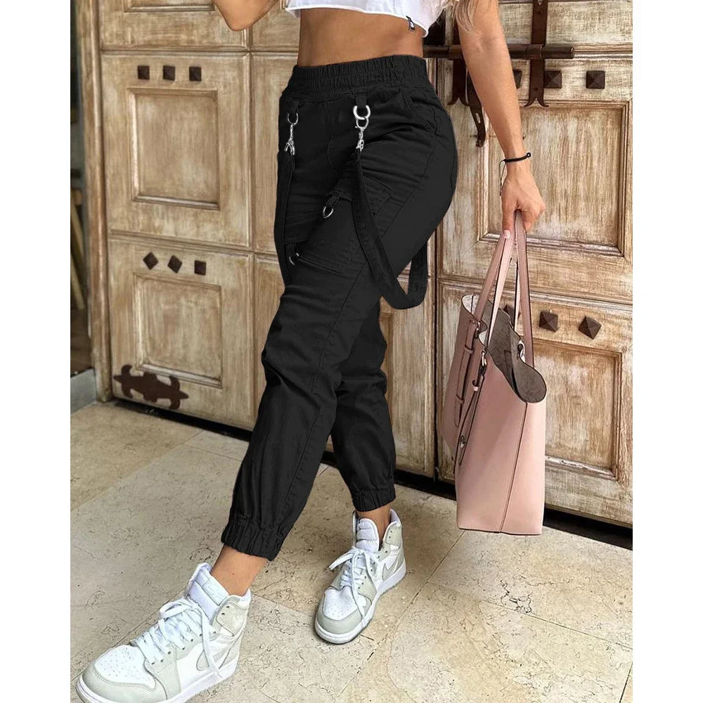 Women's Cargo Pants Casual Trousers 2024 Spring Autumn Solid Color Trend Street Pocket Design Cuff Suspenders Streetwear Women black