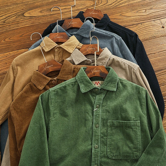 Heavy chunky high pit chunky strip vintage corduroy long sleeve shirt men's autumn cotton cargo shirt jacket