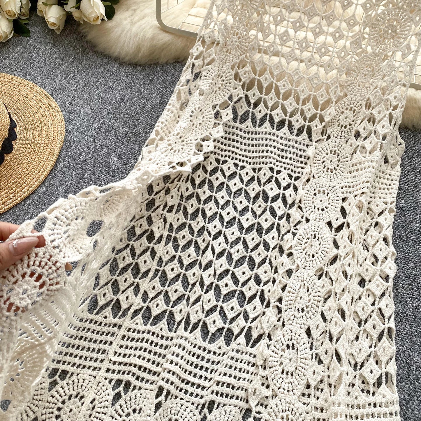 Women bohemian Sweet Knit cut out Hook flower hollow Cardigan Vintage Elegant Korean Fashion split Loose Coat Ins