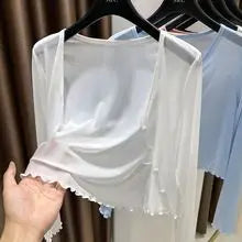 Plus Size Ice Silk Sun Protection Open Cardigan Thin Outerwear Women's Clothing for Chubby mm Short Outerwear Capelet Lace Trim