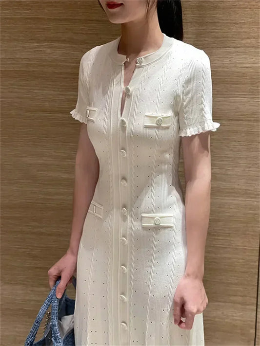 Women O-Neck White Knit Thread Mid-Length Dress Summer 2024 New Elegant Lady Ruffled Sleeve Single Breasted Slim Long Robe Badiee Stylez
