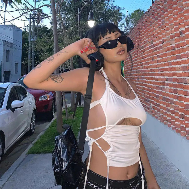 Y2K Sexy Backless Summer Crop Top Women Hollow Out White Sleeveless Bandage Halter Tank Tops Streetwear Cami 90s