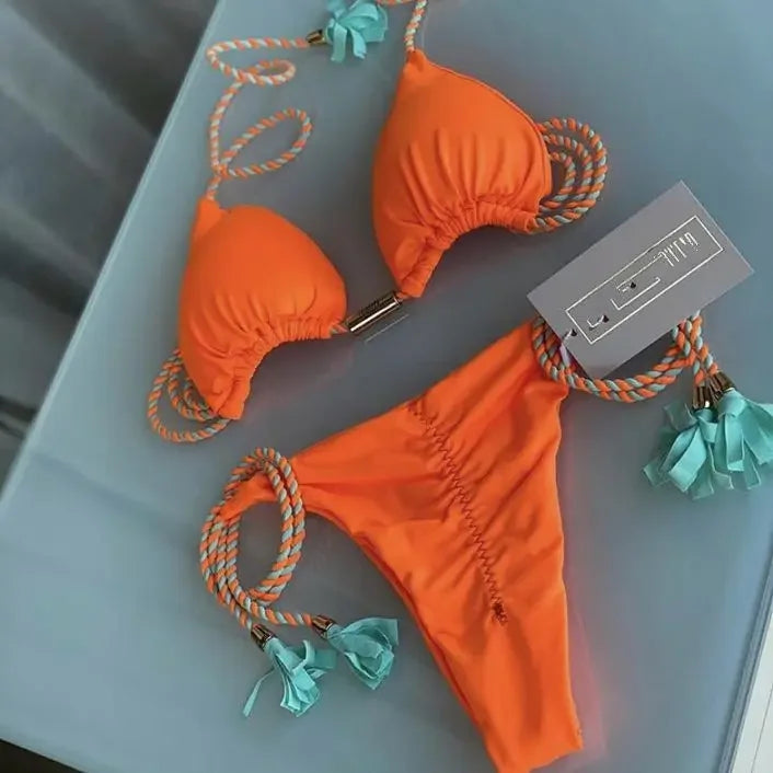 New Women Bikini Backless Rope Triangle Swimsuit Multicolor 8235