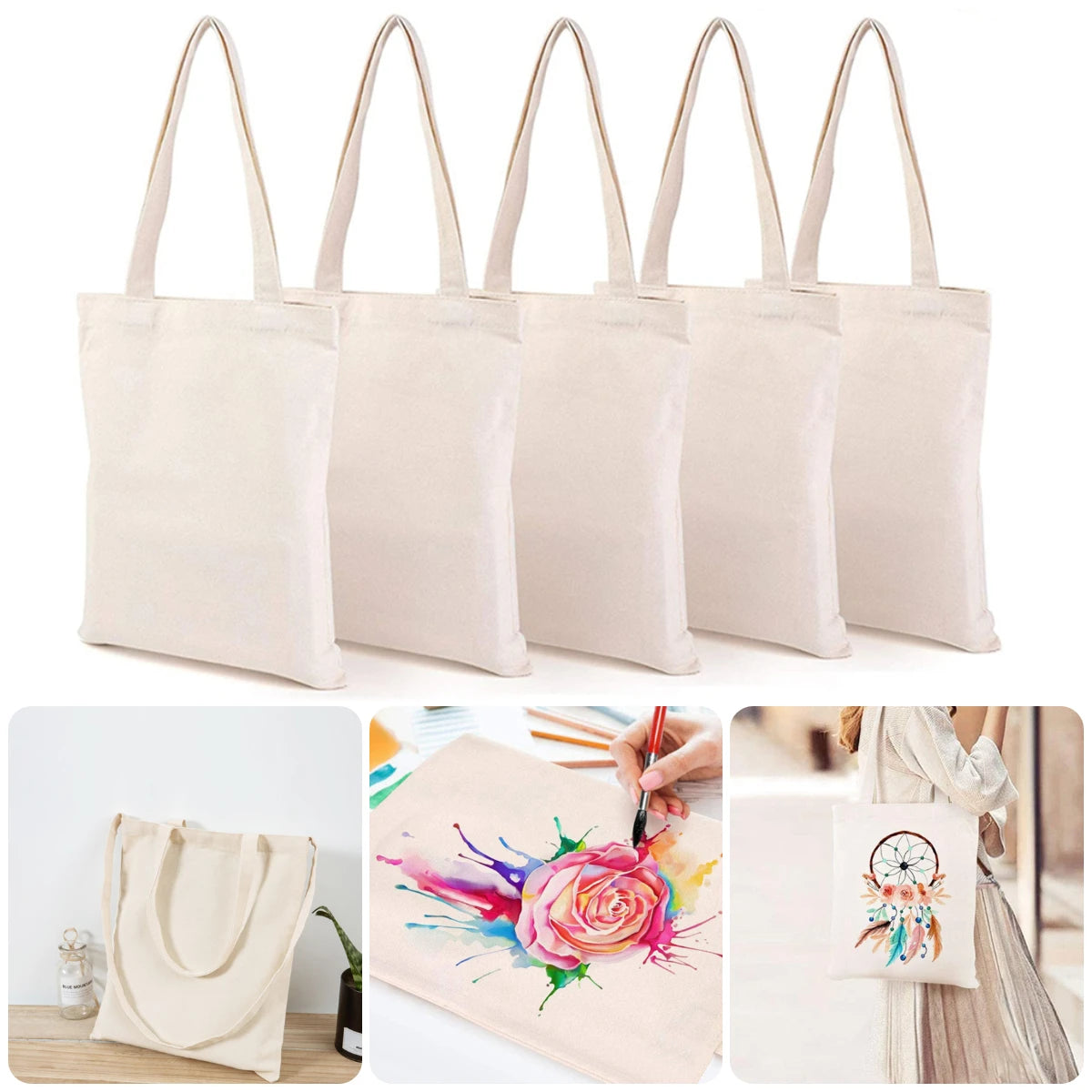 ISKYBOB Large Capacity Canvas Shoulder Bag Handbag Folding Eco Cotton Tote Bags Reusable DIY Painted Shopping Bag Grocery Bag