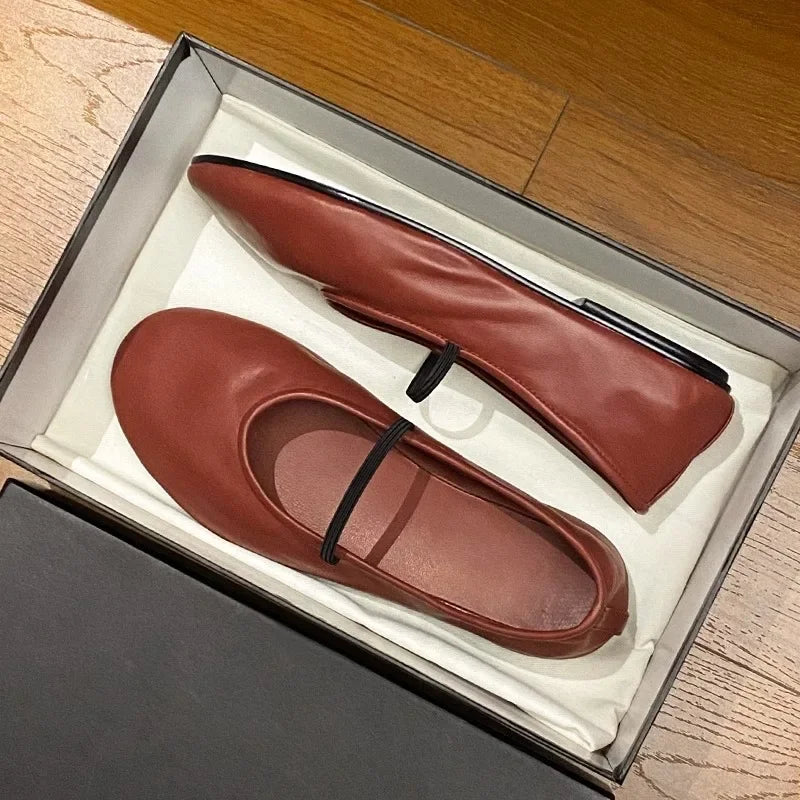 Round Toe Mary Janes Shoes For Women Elastic Band Solid Color Shallow Flat Female Shoes Concise Designer New Brand Girls Shoes wine red