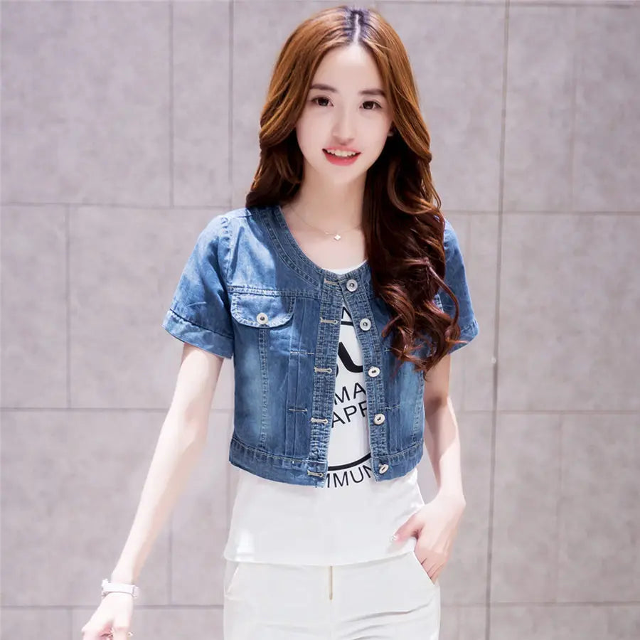 2023 Spring/Summer New Denim Jacket Women's Korean Casual Slim All-Match Short Crop Sleeve Short Sleeve Denim Button Up Top 618502