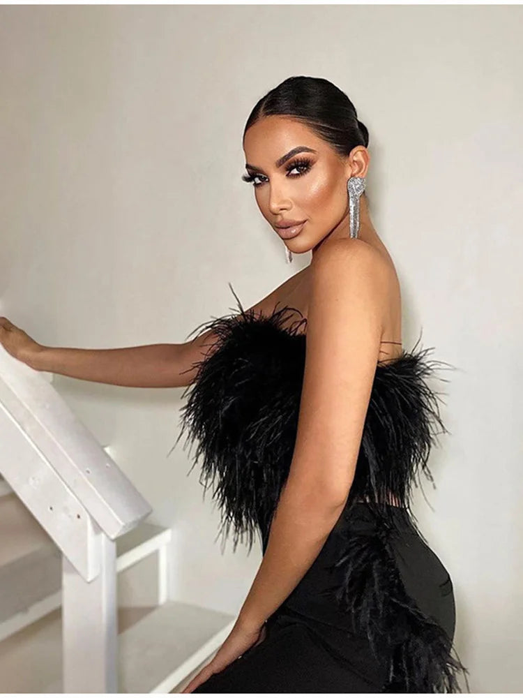 WESAYNB Wholesale Clothing Summer y2k Clothes Sexy Corset Tops Feather Strapless White Crop Tops Women 2022 Backless Design Top