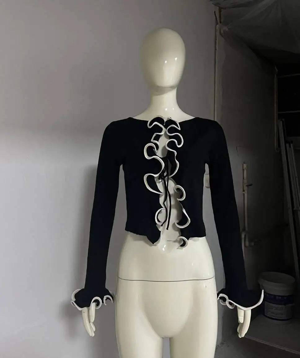 Yellow Knit Sweater Lace up Cropped Cardigan Ruffles Top For Women Black White Long Sleeve Y2K Clothing 2025 New Knitwears Fall