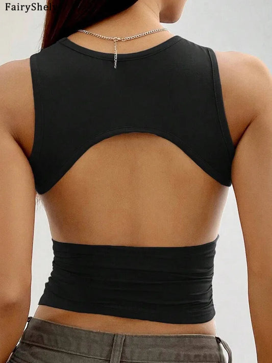Fairyshely 2025 Sexy Female Sleeveless Bodycon Top Women Backless Short Vest Summer Lady Solid Off Shoulder Clud Crop Tops