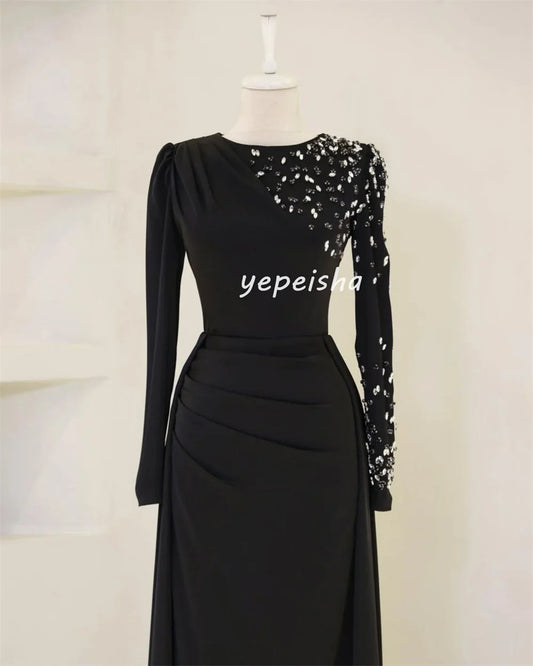 Customized Intricate Unisex Jersey Beading Sequined Draped Straight High Collar Long Dresses Bespoke Occasion Dresses Exquisite Badiee Stylez