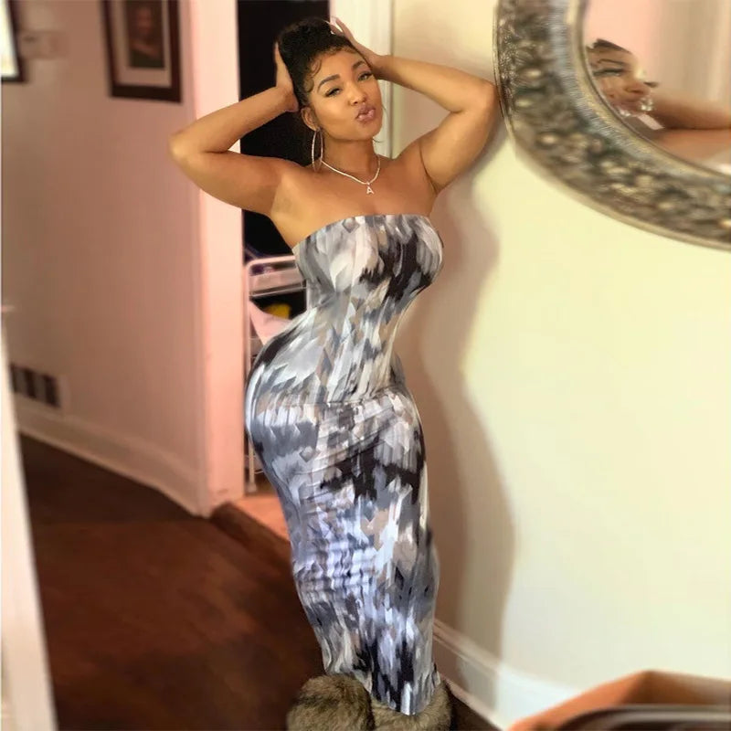 Spring And Summer Dresses For Women Chest Wrap Printed Off Shoulder Bandage Slim Sexy Long Dress 2023 New Fashion party MsChuh Q4 Gray