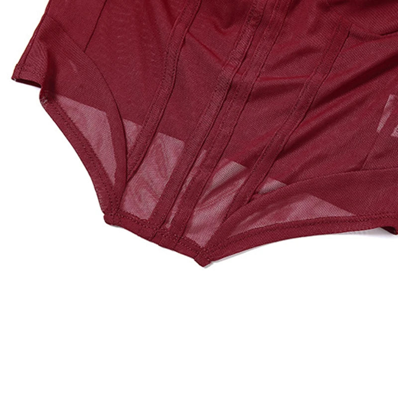 Xingqing Sexy Crop Tops Women Solid Color Sheer See Through Square Neck Long Sleeve Fishbone Corset T Shirts Ladies Clothing