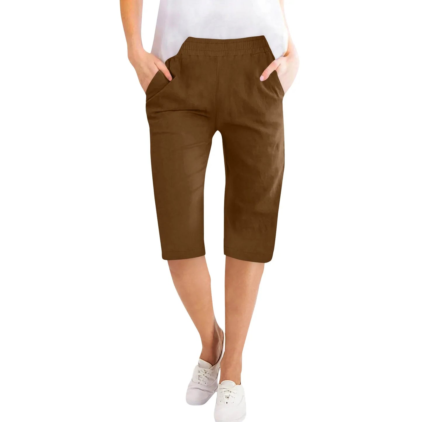 Womens Capris Cotton Linen Pants Drawstring Elastic Waist Pants Casual Cropped Trousers Daily Breeches Five Half Pants Pantalone Brown