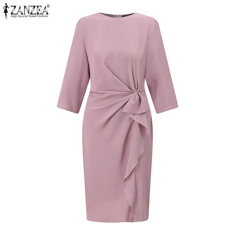 ZANZEA Elegant Office OL Dress Summer Women Half Sleeved Party Sundress Solid Knee Length Robe Fashion Holiday Work Vestidos