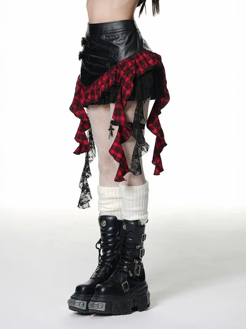 Retro Harajuku Gothic Style Leather Splicing Short Skirt for Women Y2K Lace Hem Mini Pleated Skirt Autumn Street Cool Girl