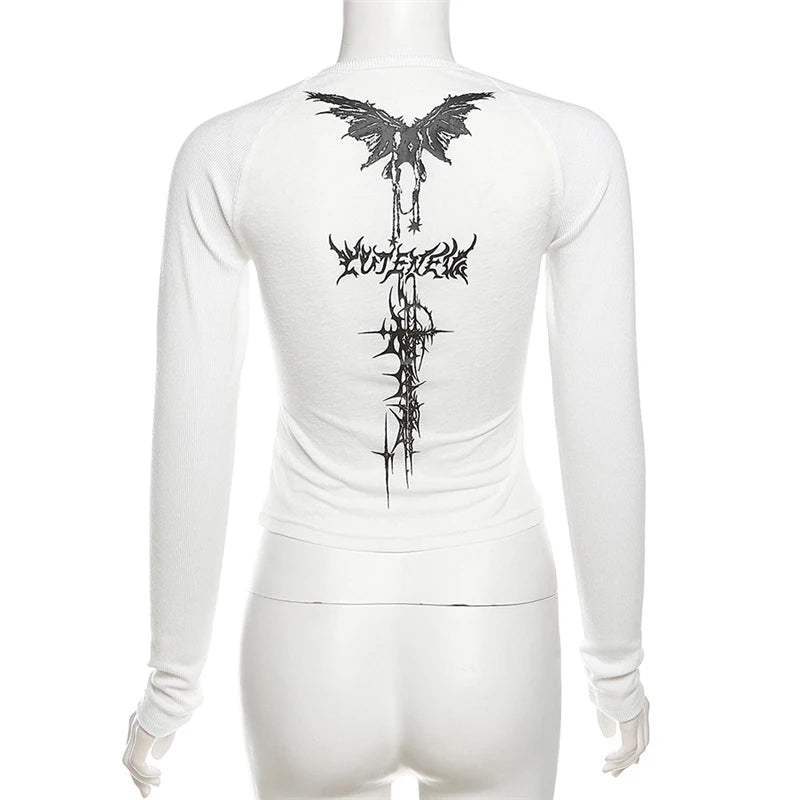 Y2K T Shirts Vintage Women O-neck Tee Long Sleeve Grunge Print Casual Crop Tops Female Graphic Korean Fashion Crop Tops EMO